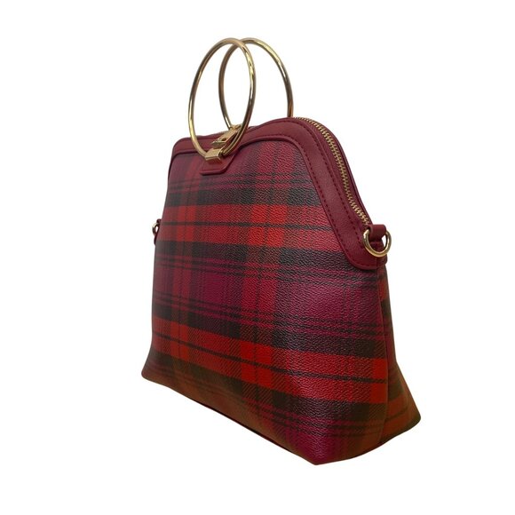 Iman Women’s Burgundy/Red Faux Leather Plaid Gold Ring Handles Crossbody Tote - Picture 2 of 11